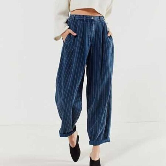 FP Free People Charleston Hi Rise Pleated Mom Conductor Striped Trouser Jeans